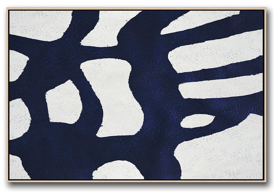 Horizontal Abstract Painting Navy Blue Minimalist Painting On Canvas - White Gold Abstract Art Large